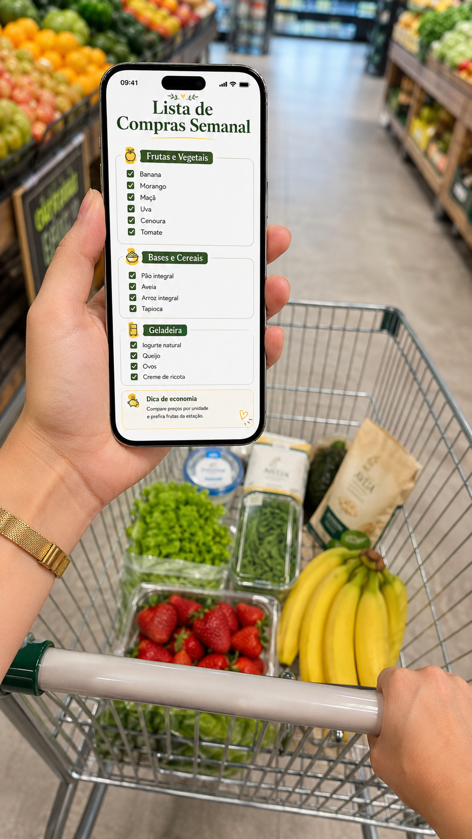 Lista de compras semanal aberta no celular durante as compras