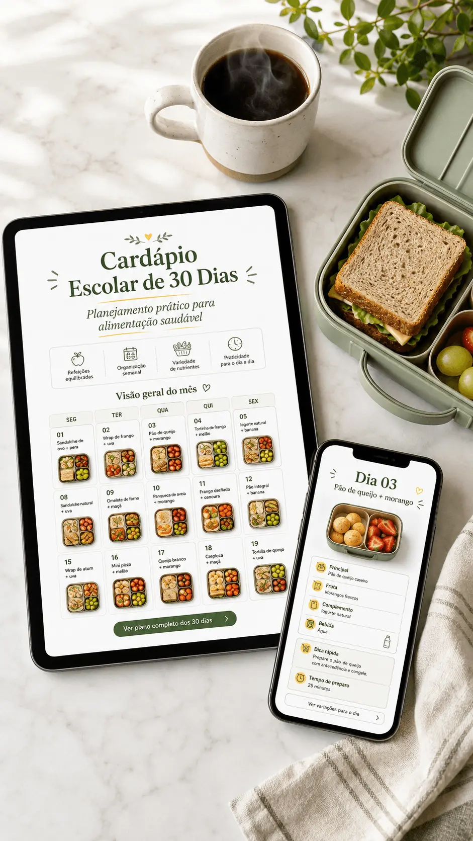 Cardápio escolar de 30 dias no tablet e celular